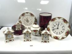 FOUR ROYAL ALBERT OLD COUNTRY ROSES MANTLE CLOCKS A PLATE CLOCK AND TABLE