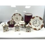 FOUR ROYAL ALBERT OLD COUNTRY ROSES MANTLE CLOCKS A PLATE CLOCK AND TABLE