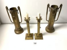 A PAIR OF BRASS WMF STYLE TWO HANDLE VASES, WW1 TRENCH ART, 34CMS AND A PAIR OF CORINTHIAN COLUMN