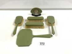 ART DECO GREEN NEVALYTE DRESSING TABLE SET AND MATCHING CLOCK
