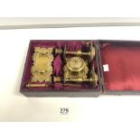 A VICTORIAN ORNATE BRASS DESK SET IN AN ORIGINAL FITTED BOX - CONTAINS PR CANDLESTICKS LETTER