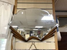 A 1930S ART DECO FAN-SHAPED BEVELLED WALL MIRROR WITH PART WOOD FRAME, 70 X 50CMS