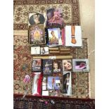 TWO KYLIE MINOGUE DOLLS, CALENDERS, EYE GLASSES, BOOKS, CDS, DVDS ETC