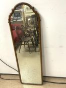 A 1930S SHAPED TOP MAHOGANY 3/4 LENGTH MIRROR, 38 X 126CMS