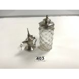 HALLMARKED SILVER AND CUT GLASS SUGAR SIFTER 1843 BY SAMUEL ROBERTS AND CO WITH A 925 SILVER