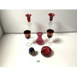 A PAIR OF RUBY AND CLEAR GLASS CANDLESTICKS - 30 CMS, OTHER GLASSWARE, AND A AKM PORCELAIN EGG