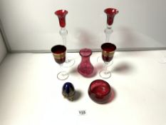 A PAIR OF RUBY AND CLEAR GLASS CANDLESTICKS - 30 CMS, OTHER GLASSWARE, AND A AKM PORCELAIN EGG