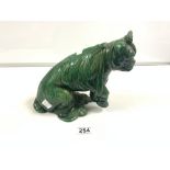 RARE BRETBY GREEN GLAZED ART POTTERY INJURED DOG, 'AFTER THE ......' INSCRIBED TO BASE - BRETBY MADE