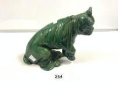RARE BRETBY GREEN GLAZED ART POTTERY INJURED DOG, 'AFTER THE ......' INSCRIBED TO BASE - BRETBY MADE