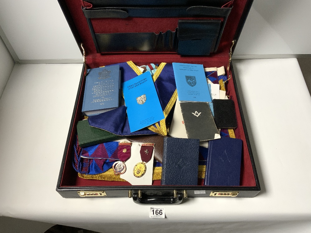 MASONIC APRON AND REGALIA, ALSO SOME MASONIC MEDALS (NONE GOLD OR SILVER) IN A BRIEFCASE