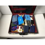 MASONIC APRON AND REGALIA, ALSO SOME MASONIC MEDALS (NONE GOLD OR SILVER) IN A BRIEFCASE