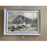 ABSTRACT OIL OF A COASTAL SCENE, SPANISH MONOGRAMMED JA, 59 X 29CMS