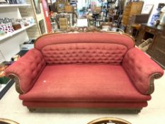 A FRENCH UPHOLSTERED SHOWWOOD DOUBLE DROP-END SOFA, BUTTONED BACK AND ARMS, 184 X 76 X 108CMS