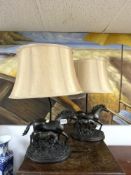 A PAIR OF BRONZE STYLE RESIN WILD HORSE TABLE LAMPS, 26 X 36CMS