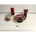 A BOHEMIAN ENGRAVED RED GLASS VASE WITH CITY SCENES, 13CMS, A BOWL, WINE GLASS AND A GLOBULAR