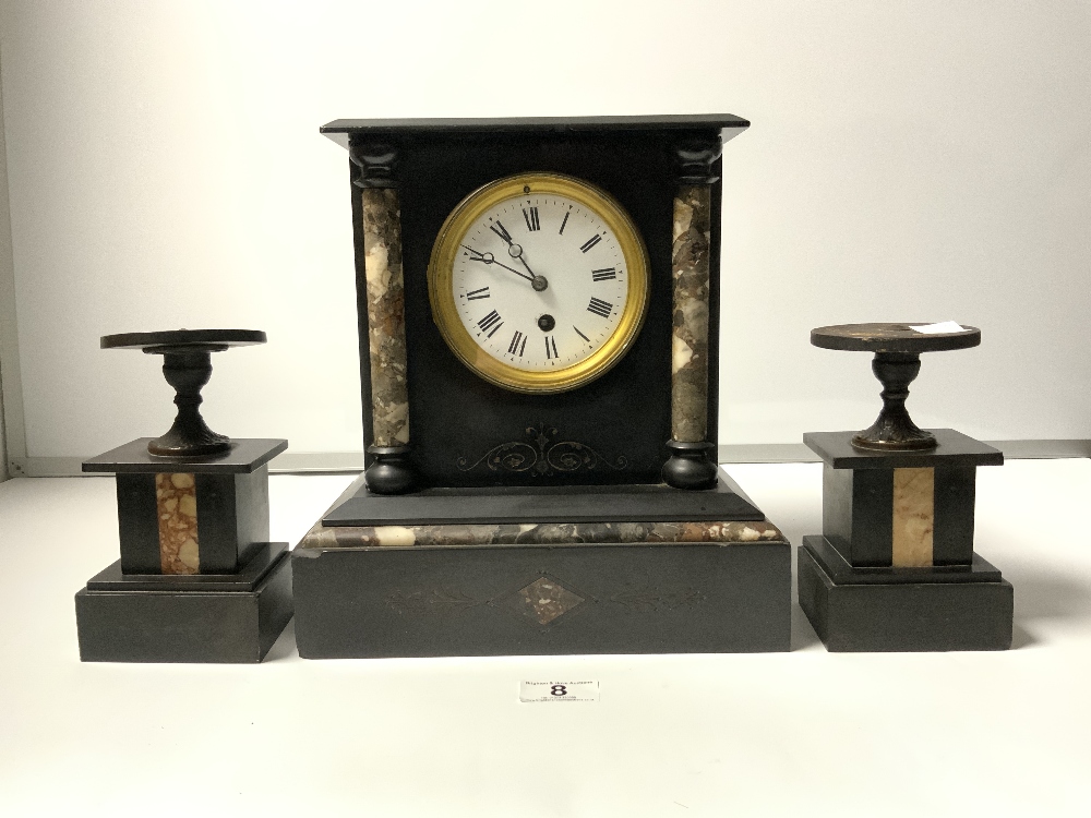 A VICTORIAN ROUGE MANTLE/SLATE CLOCK GARNITURE THREE PIECE (A/F) - Image 3 of 9