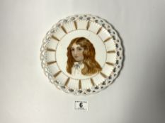 A VICTORIAN PORCELAIN RIBBON PLATE WITH A PAINTED PORTRAIT OF A GIRL, SIGNED - C. I. CHILD, 23CMS