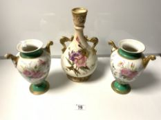 A VICTORIAN TWO HANDLED FLORAL PAINTED VASE (REPAIRS), 32CMS, AND A PAIR OF VICTORIAN PORCELAIN