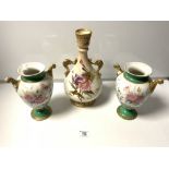 A VICTORIAN TWO HANDLED FLORAL PAINTED VASE (REPAIRS), 32CMS, AND A PAIR OF VICTORIAN PORCELAIN