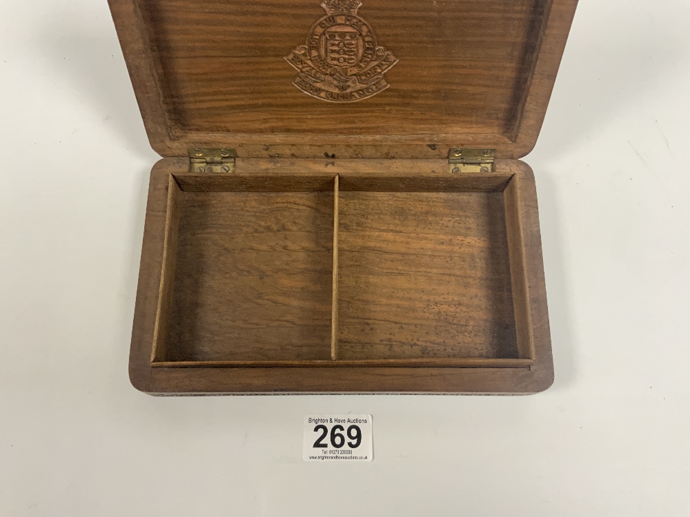 A CARVED HARDWOOD CIGARETTE BOX WITH A MILITARY CREST FOR ROYAL CORPS ARMY ORDNANCE - Image 3 of 5