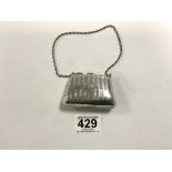 EDWARDIAN HALLMARKED SILVER ENGINE TURNED PURSE WITH CHAIN LINK HANDLE, 7.5CM WITH FITTED BLUE
