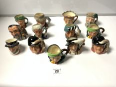 ROYAL DOULTON SMALL CHARACTER MUGS, 13 IN TOTAL, THE LARGEST 10CMS, INCLUDES THE FALCONER, GONE AWAY