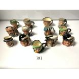 ROYAL DOULTON SMALL CHARACTER MUGS, 13 IN TOTAL, THE LARGEST 10CMS, INCLUDES THE FALCONER, GONE AWAY