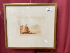 HENRY BARLOW CARTER (1803 - 1867) SAILING VESSEL ON A BEACH FRAMED SEPIA WATERCOLOUR SIGNED