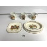 A ROYAL WINTON CORONATION FAIENCE BABYS PLATE, THREE COMMEMORATIVE MUGS 1911 KING GEORGE, AND A 1937