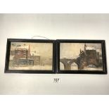 A PAIR OF SMALL PRINTS OF WINTER TOWN/STREET SCENES, 22 X 15CMS