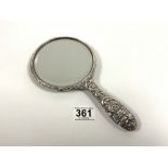 HALLMARKED SILVER HEAVILY EMBOSSED CIRCULAR HAND MIRROR, 23.5CMS BY W. I BROADWAY