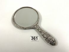 HALLMARKED SILVER HEAVILY EMBOSSED CIRCULAR HAND MIRROR, 23.5CMS BY W. I BROADWAY