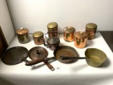 COPPER STORAGE JARS FOR COFFEE, TEA & SUGAR, A BRASS SAUCEPAN AND ARTS N CRAFTS COPPER CHAMBER STICK