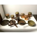 COPPER STORAGE JARS FOR COFFEE, TEA & SUGAR, A BRASS SAUCEPAN AND ARTS N CRAFTS COPPER CHAMBER STICK