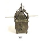 EARLY 20TH CENTURY BRASS STRIKING LANTERN CLOCK WITH ENGRAVED CHAPTERED DIAL, MADE IN ENGLAND BY