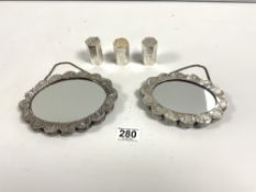 TWO WHITE METAL EMBOSSED HAND MIRRORS, ONE SCULPTED 800 BENO AND THREE CONDIMENTS ALSO WHITE