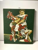 OIL STUDY OF RUGBY PLAYERS ON HESSIAN, 61 X 74CMS