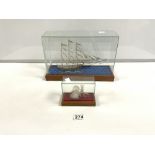 TWO SILVER FILIGREE WORK MEDALS IN CASES OF A SAILING SHIP AND CHINESE RICKSHAW, THE LARGEST 23 X