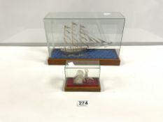 TWO SILVER FILIGREE WORK MEDALS IN CASES OF A SAILING SHIP AND CHINESE RICKSHAW, THE LARGEST 23 X