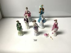 FIVE COALPORT FIGURES - VICTORIAN ELEGANCE LADIES AND TWO OTHER FIGURES OF ELEGANT LADIES