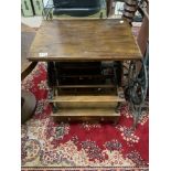 A VICTORIAN INLAID WALNUT CANTERBURY WHAT-NOT, WITH PIERCED FRETWORK SIDES AND A DRAWER UNDER, 56