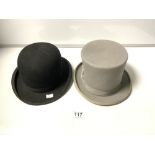 A YOUNGS GREY TOP HAT AND A HEPWORTHS BOWLER HAT