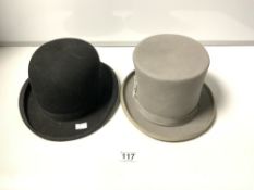 A YOUNGS GREY TOP HAT AND A HEPWORTHS BOWLER HAT