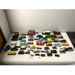 A QUANTITY OF TOY CARS INCLUDING - DINKY ARMY TRUCKS, MATCHBOX, LLEDO ETC