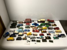 A QUANTITY OF TOY CARS INCLUDING - DINKY ARMY TRUCKS, MATCHBOX, LLEDO ETC