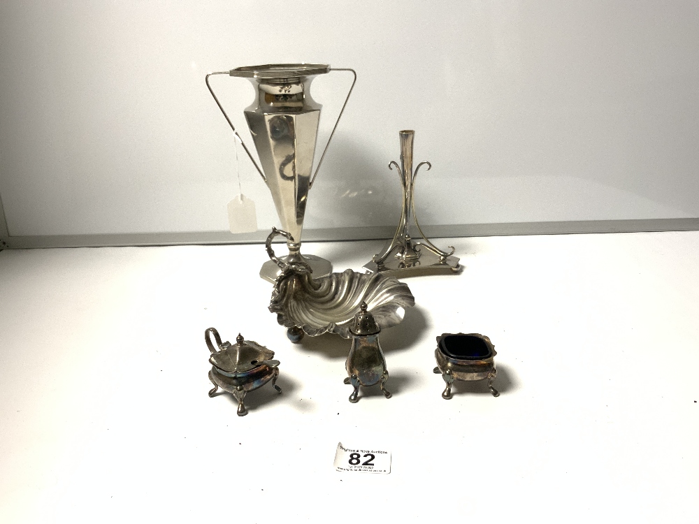 A SILVER-PLATED OCTAGONAL TWO HANDLED VASE, A SILVER PLATED POSY HOLDER, SHELL SHAPE DISH, AND A - Image 3 of 5