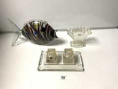 A 1930S GLASS DOUBLE INK STAND, A FAN-SHAPED GLASS VASE, AND A GLASS FISH ORNAMENT