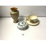 A DOULTON SILICON VASE, 22CMS, A LARGE PARAGON 1937 CORONATION CUP AND SAUCER AND A WEDGWOOD