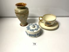 A DOULTON SILICON VASE, 22CMS, A LARGE PARAGON 1937 CORONATION CUP AND SAUCER AND A WEDGWOOD