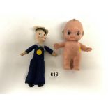 A VINTAGE NORA WELLINGS SOFT TOY SAILOR DOLL AND A 1950S PLASTIC 'KEWPIE' DOLL
